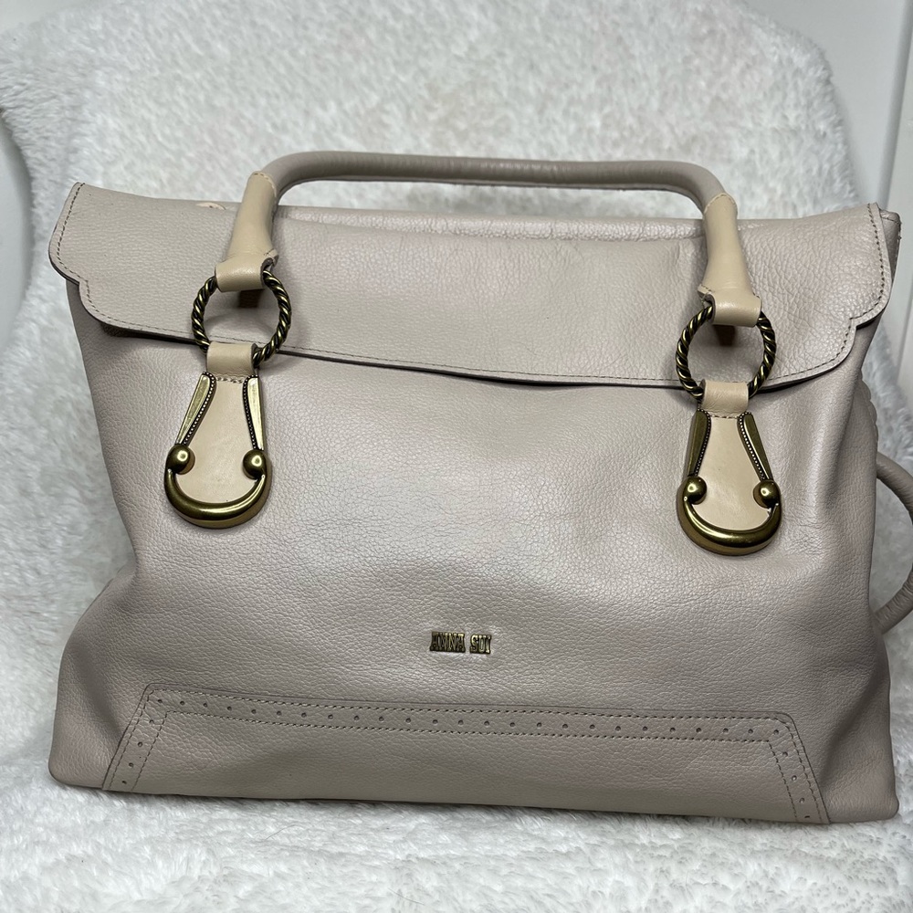 Anna Sui Cream Leather Shoulder Bag with Gold Hardware